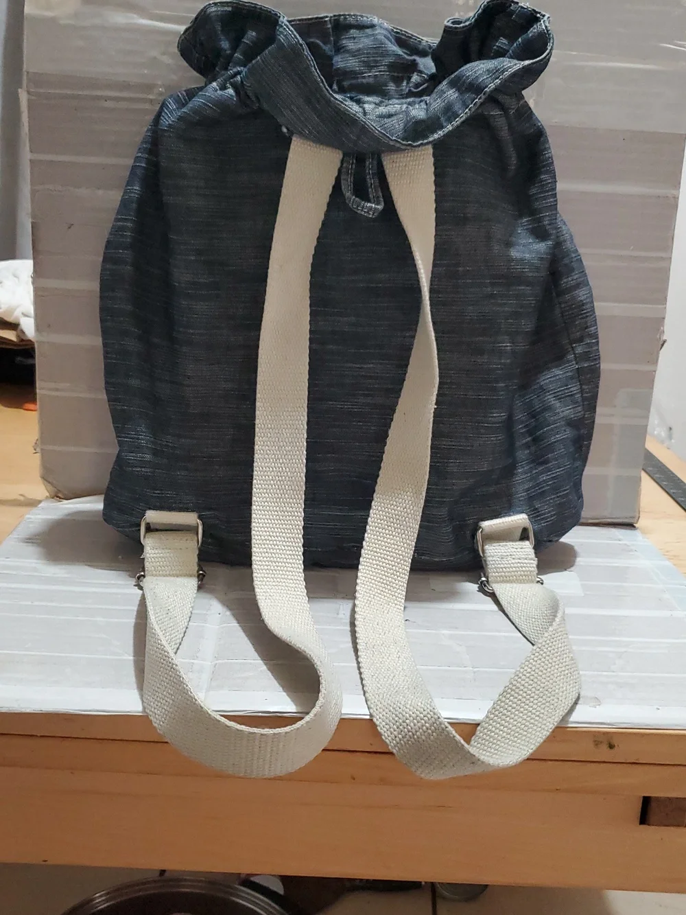 Denim-Look Drawstring Backpack with Cream Strap Details